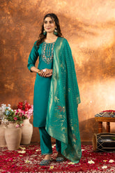 Teal Green Straight Kurta Set with Gold Zari Banarasi Dupatta and Intricate Neck Embroidery