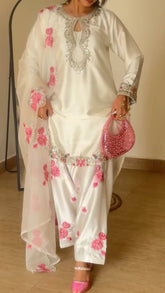 Elegant White Silk Salwar Suit with Pink Floral Embroidery & Organza Dupatta