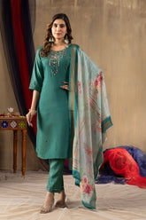 Traditional Rama Green Festive Wear Suit Set with Heavy Embroidery and Floral Dupatta