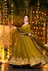 Elegant Olive Green Silk Anarkali Gown with Heavy Zari Border & Matching Dupatta
