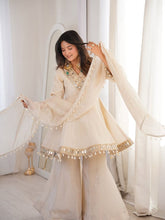 Designer Off-White Georgette Sharara Suit – Mirror Embroidered Neckline with Cowrie Shell Latkans