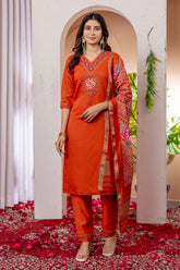 Festive Wear Embroidered Orange Salwar Suit Set with Zari Border Dupatta for Women