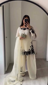 Designer White Silk Kurti with Palazzo and Matching Dupatta Set