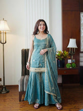Silk Blend Sharara Kurta Set with Embroidered Borders & Matching Dupatta