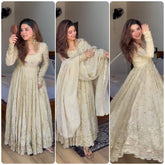 Designer Off-White Long Gown Style Suit with Scalloped Border Dupatta