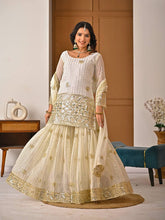 Designer Party Wear Sharara Suit - Off-White Georgette with Gold Sequin & Zari Work
