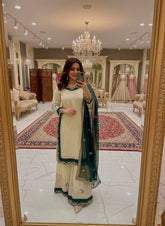 Designer Cream 3-Piece Salwar Kameez Set - Contrast Green Floral Work Kurta & Palazzo