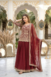 Designer Bridal Maroon Lehnga Set - Heavily Embroidered Choli & Flared Georgette Skirt
