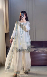 Designer Pastel Blue 3-Piece Salwar Kameez Set - Embroidered Silk Kurta with Matching Scalloped Dupatta