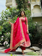 Rani Pink Embroidered Anarkali Suit with Heavy Lace Border Dupatta & Pant