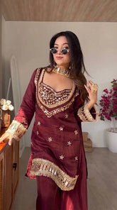 Premium Wine Silk Kurta Set with Heavy Mirror Work & Golden Fringe Lace Details