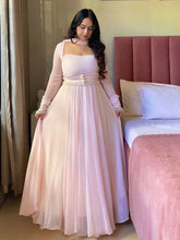 Designer Baby Pink Flared Gown with Sheer Sleeves and Choker Dupatta