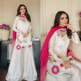 Designer Ivory Embroidered Kurti with Wide-Leg Sharara & Pink Dupatta