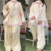 Cream and Yellow Floral Printed Kurta Salwar Set with Lace Borders