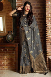 Light Gray Banarasi Silk Saree | Rich Gold Zari Weaving | Designer Ethnic Wear
