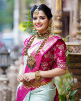 Light Pista and Rani Pink Silk Saree with Rich Zari Weaving