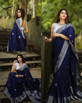 Royal Blue Banarasi Silk Saree with Elegant Silver Zari Buta & Contrast Brocade Pallu