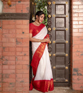 Elegant Off-White Kerala Cotton Saree with Traditional Red & Gold Zari Kanchipuram Style Border