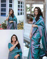 Dual-Tone MORPITCH COLOR Kanchipuram Silk Saree with All-Over Zari Buttas