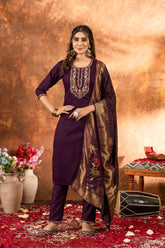 Royal Wine Purple Embroidery Kurta Set with Banarasi Silk Dupatta