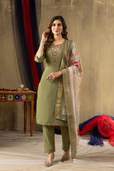 Premium Mehendi Green Ethnic Wear - Heavy Neck Embroidery Kurta with Digital Print Dupatta