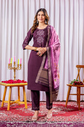 Elegant Wine Embroidered Straight Kurta with Pant and Floral Organza Dupatta Set
