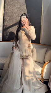 Designer Off-White Georgette Sharara Suit with Hand-Embroidery Work