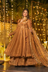 Elegant Copper-Gold Silk Anarkali Suit with Ruched Sleeves & Matching Dupatta