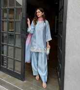 Designer Sky Blue Ethnic Suit for Women – Embroidered V-Neck Kurta with Palazzo and Dupatta Set