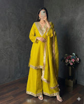Designer Mustard Yellow Kurti with Mirror Border and Matching Palazzos