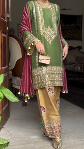Designer Olive Green Punjabi Suit Set - Embroidered Silk Kurta with Contrast Maroon Dupatta