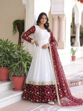 Designer White Georgette Long Gown with Heavy Maroon Embroidered Border and Sleeves