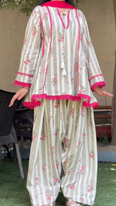 Elegant Grey and White Floral Printed Kurta Salwar Set with Tassels