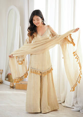 Champagne Gold Short Kurti with Flared Sharara & Tassel Dupatta Set