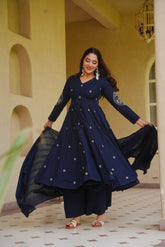 Elegant Royal Navy Blue Anarkali Suit Set with Subtle Embroidery
