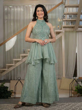 Modern Indo-Western Sage Green Shimmer Sharara Set with Flared Palazzo