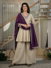 Cream Silk Peplum Kurti & Palazzo Set with Contrast Purple Dupatta (3-Piece)