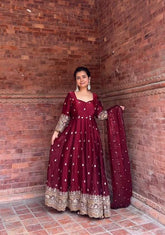 Royal Wine Georgette Anarkali Suit with Heavy Zari Embroidery & Sequin Work