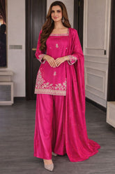 Rani Pink Silk Embroidered Kurta Suit Set with Sequence Work Dupatta