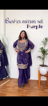 Deep Purple Organza Sharara Set with Heavy Mirror Work Bustier & Choker
