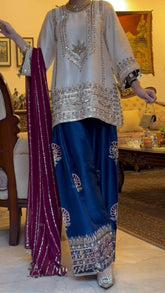 Designer Cream & Blue 3-Piece Salwar Kameez - Heavy Zari Embroidery Ethnic Wear