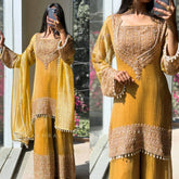 Premium Mustard Yellow Embroidered Georgette Sharara Set with Heavy Work Kurti & Latkan Details