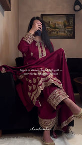 Deep Maroon Silk Salwar Suit with Antique Gold Zari Work