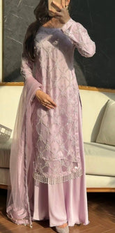 Dreamy Lavender Hand-Embroidered Festive Set - Shimmering Pearl Work & Net Dupatta