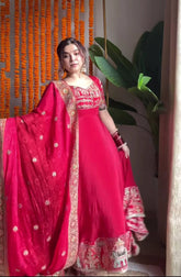 Rani Pink Embroidered Anarkali Suit with Heavy Lace Border Dupatta & Pant