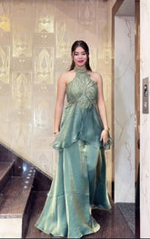 Designer Sea-Green Indo-Western Gown – Perfect for Cocktails & Receptions