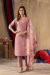 Dusty Rose Straight Kurta Pant Set with Heavy Neck Embroidery & Digital Print Dupatta