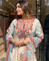 Designer 3-Piece Salwar Kameez Set - Floral Printed Kurta with Sky Blue Accents