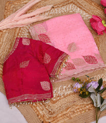 Baby Pink Satin Silk Saree with Rani Pink Embroidered Blouse With Siroski Diamond