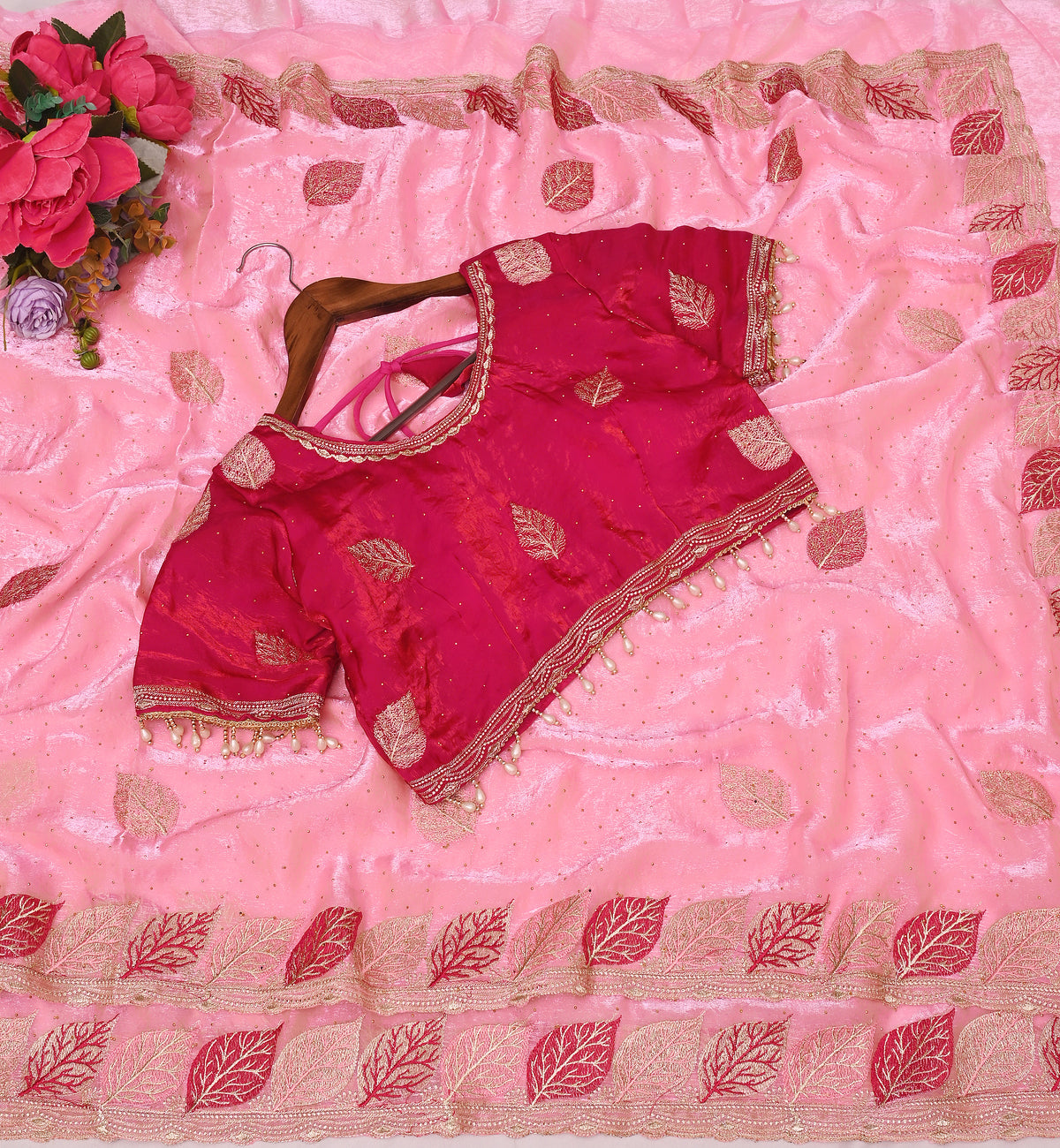 Baby Pink Satin Silk Saree with Rani Pink Embroidered Blouse With Siroski Diamond